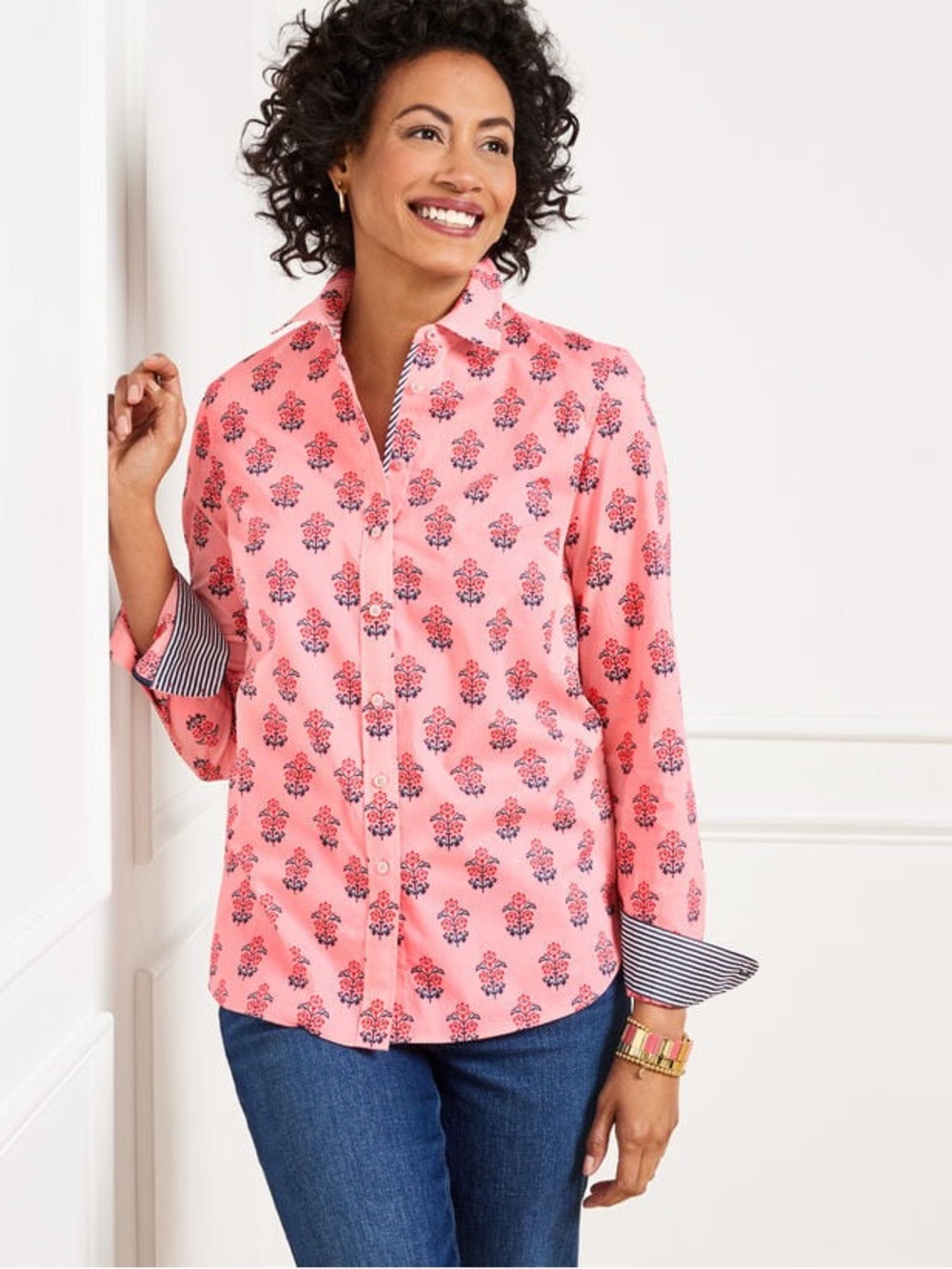 Talbots modern classic pretty petals printed long sleeve cotton shirt medium NWT